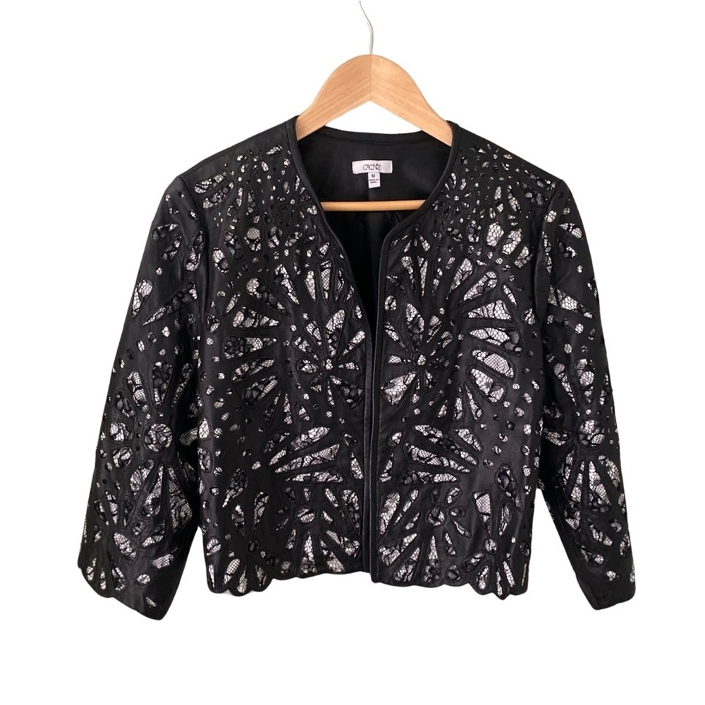 Cache Black Cutout Leather Jacket with Silver Underlay